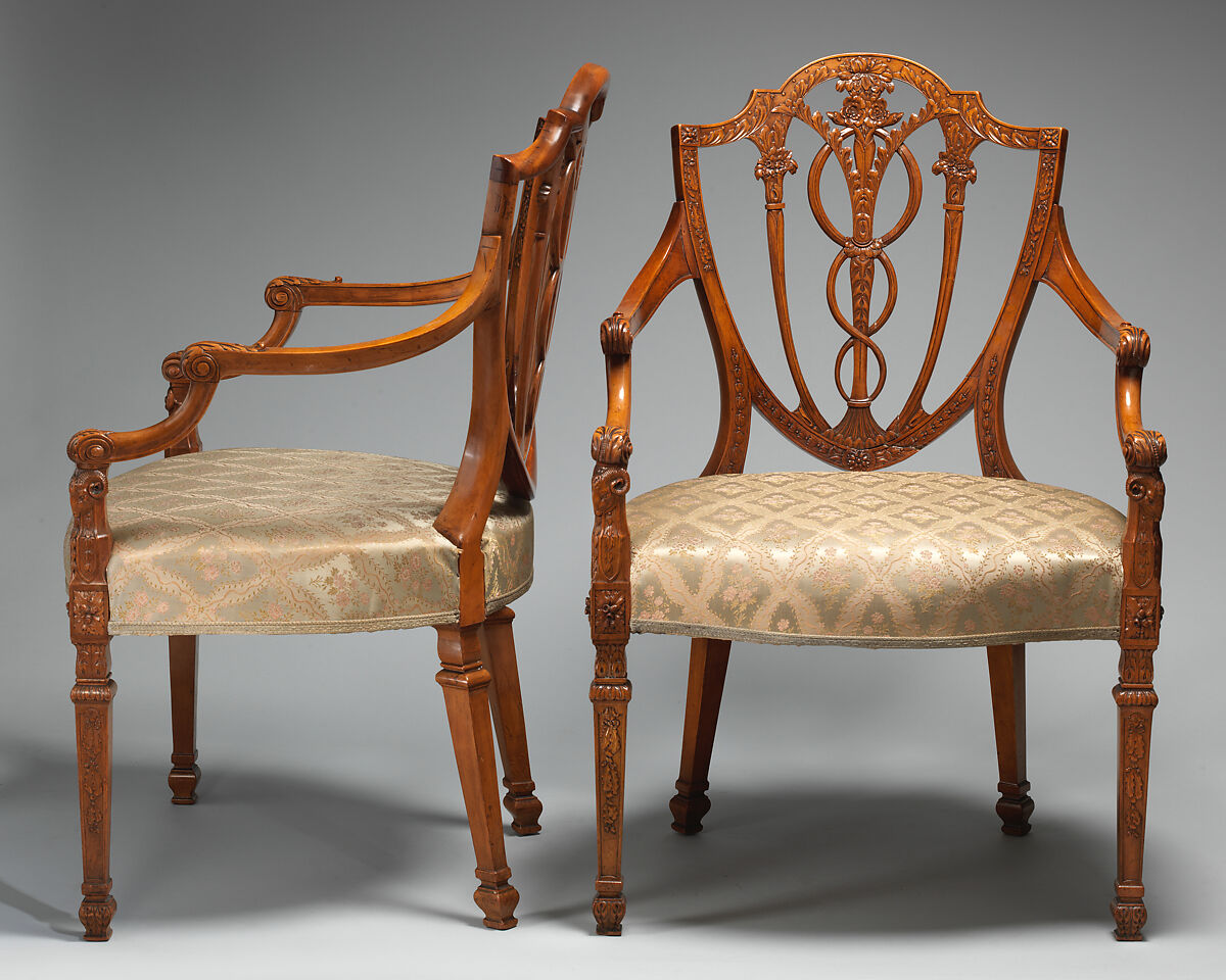 Pair of armchairs, West Indian satinwood, seat rails of beech, modern silk, British 