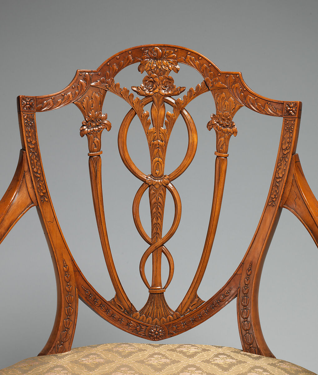 Pair of armchairs, West Indian satinwood, seat rails of beech, modern silk, British