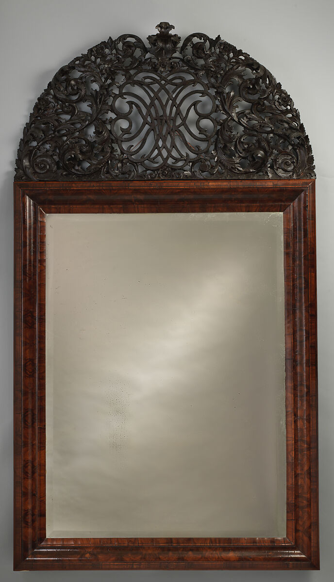 Mirror, Olive wood "oyster veneer," other wood, mirrored glass, British 