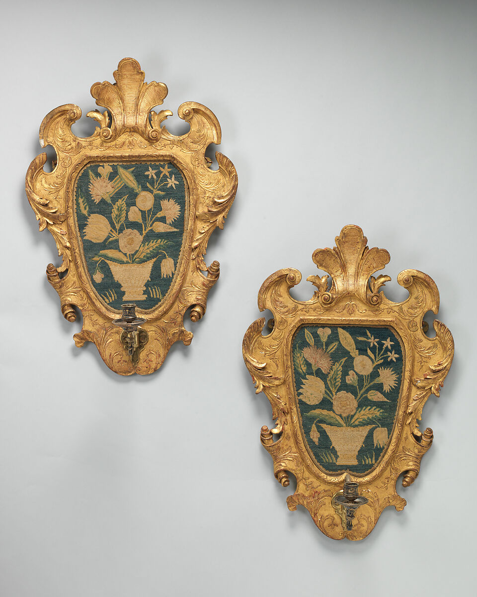 Sconce (one of a pair), Gilded pine and gesso, silver, silk, wool tent and cross stitch on canvas, British 