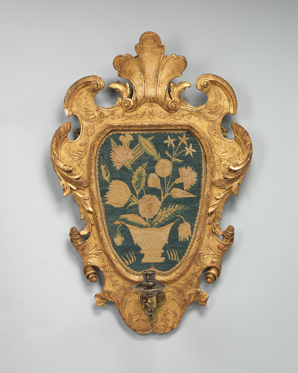 Sconce (one of a pair), Gilded pine and gesso, silver, silk, wool tent and cross stitch on canvas, British