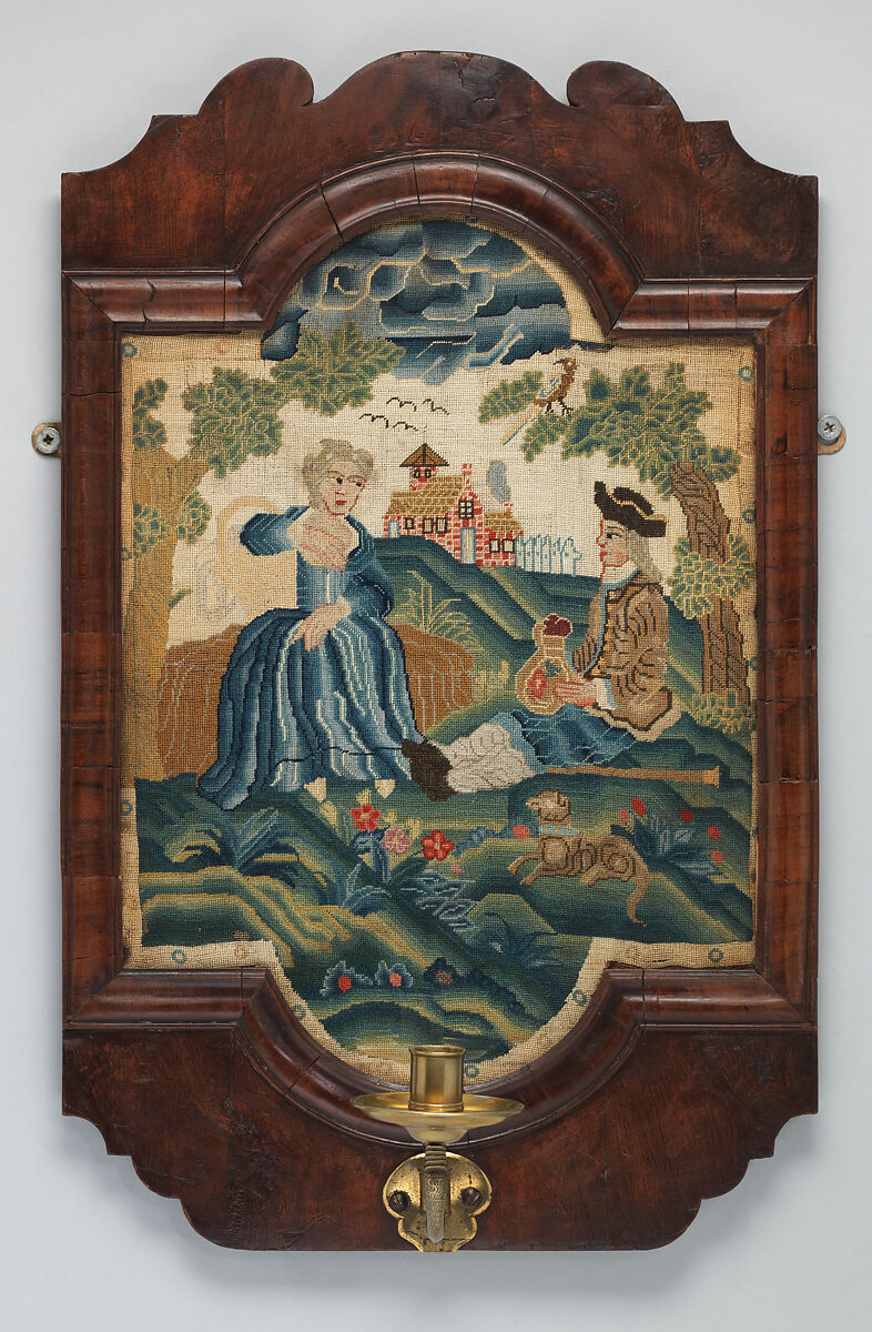 Pair of single-light sconces, Walnut, needlework, brass, British