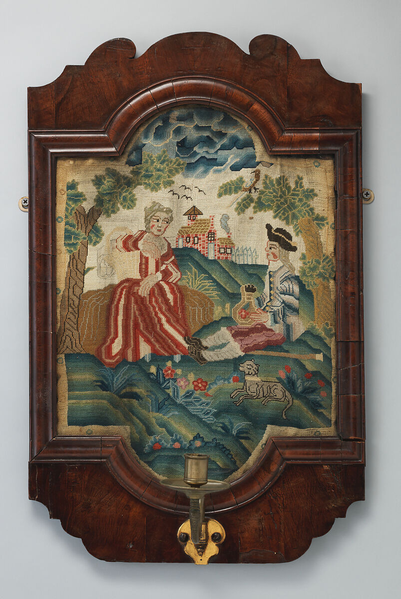 Pair of single-light sconces, Walnut, needlework, brass, British