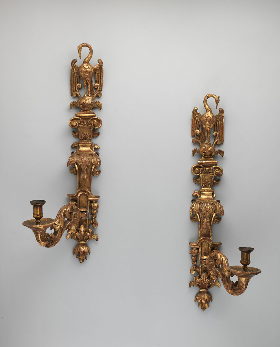 Pair of single-light sconces, Carved and gilded wood, British 