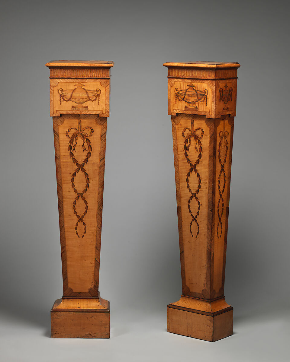 Pair of pedestals, Pine carcase, satinwood veneer, inlaid with mahogany, rosewood and other woods, British 