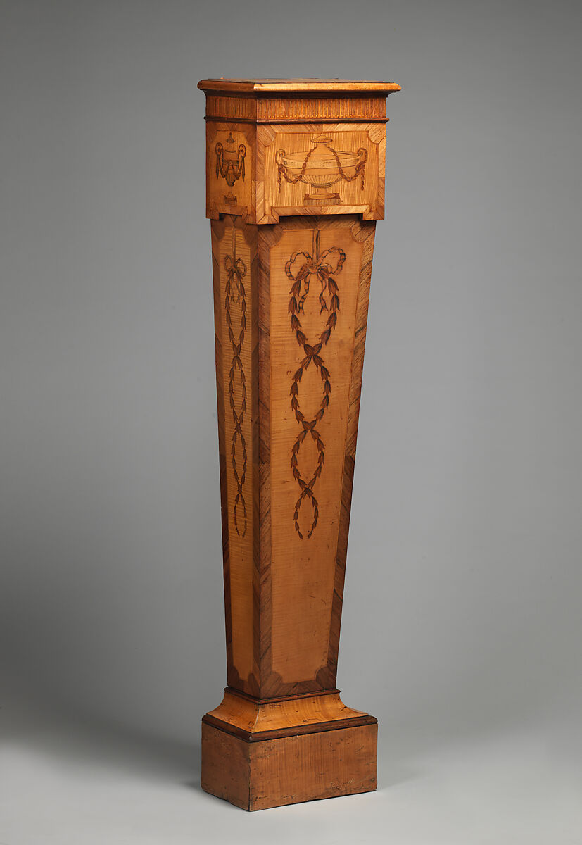 Pair of pedestals, Pine carcase, satinwood veneer, inlaid with mahogany, rosewood and other woods, British