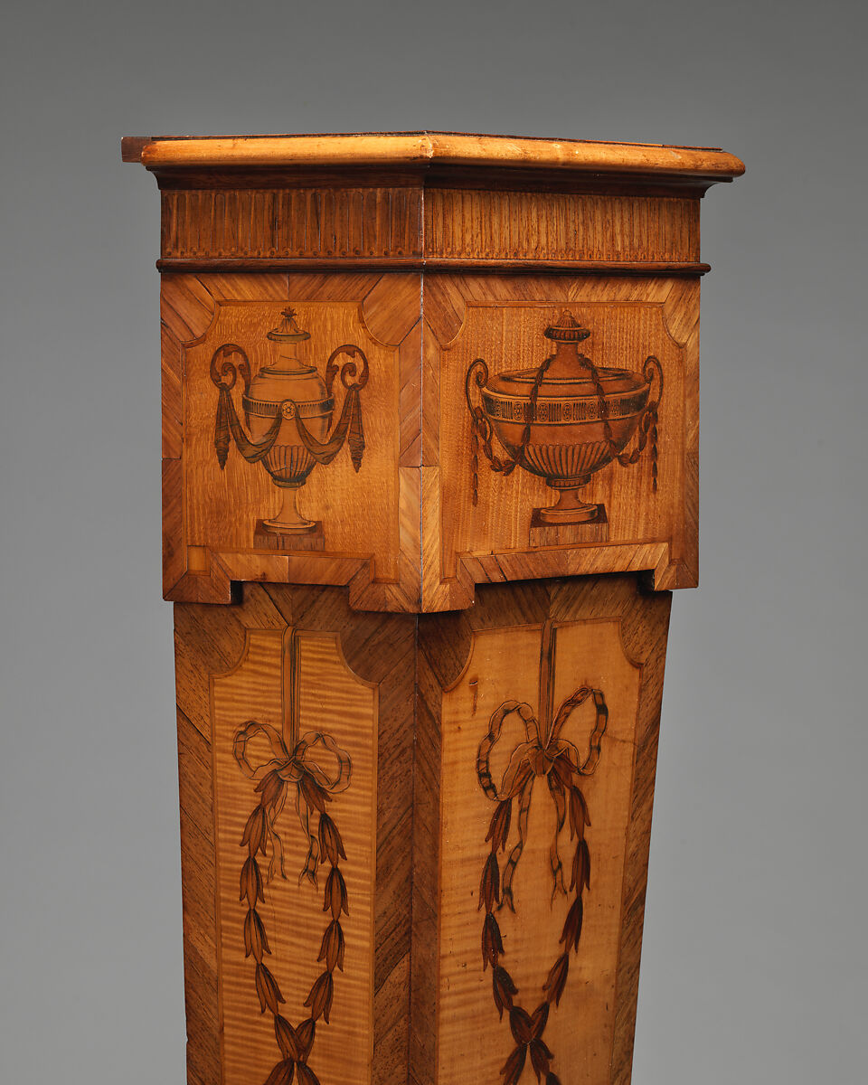 Pair of pedestals, Pine carcase, satinwood veneer, inlaid with mahogany, rosewood and other woods, British