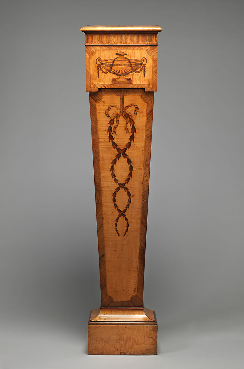 Pair of pedestals, Pine carcase, satinwood veneer, inlaid with mahogany, rosewood and other woods, British