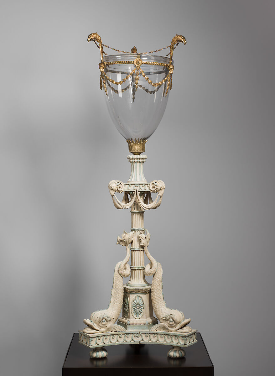 Candlestand (one of a pair), Carved and painted basswood, glass and gilded-bronze mounts, British