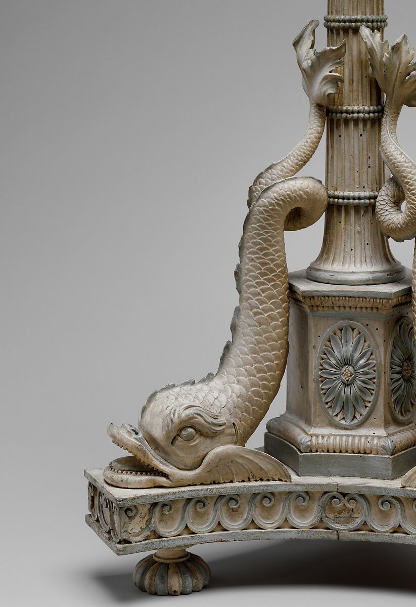 Candlestand (one of a pair), Carved and painted basswood, glass and gilded-bronze mounts, British