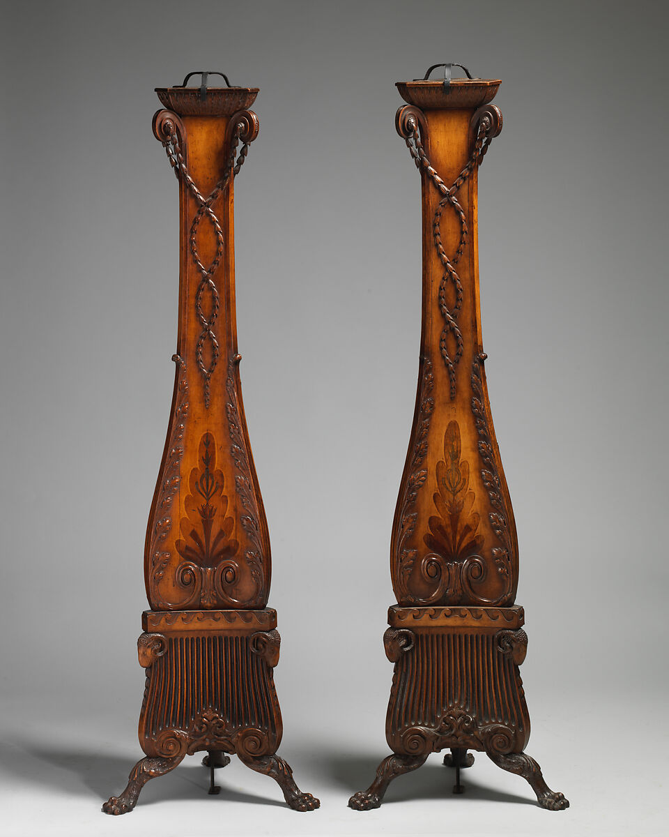 Pair of pedestals, Boxwood veneer, inlaid with colored wood, British 