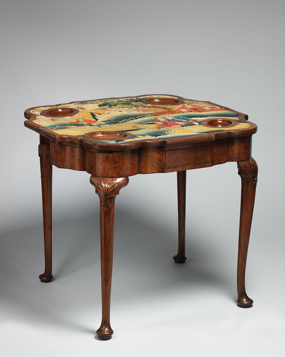 Card table, Walnut, burr-walnut veneer, needlework, Dutch