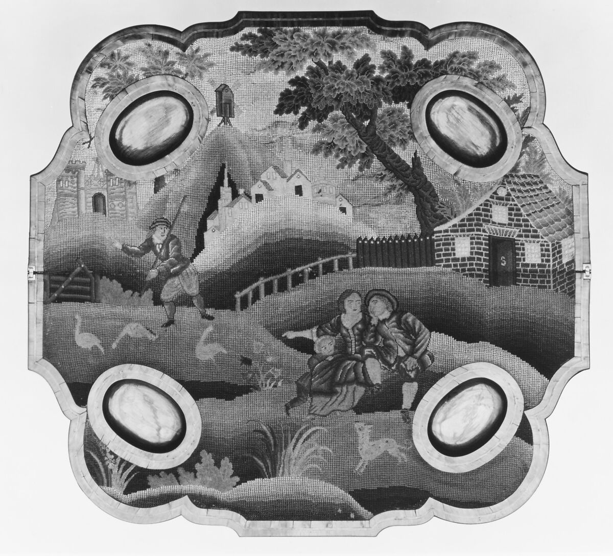 Card table, Walnut, burr-walnut veneer, needlework, Dutch