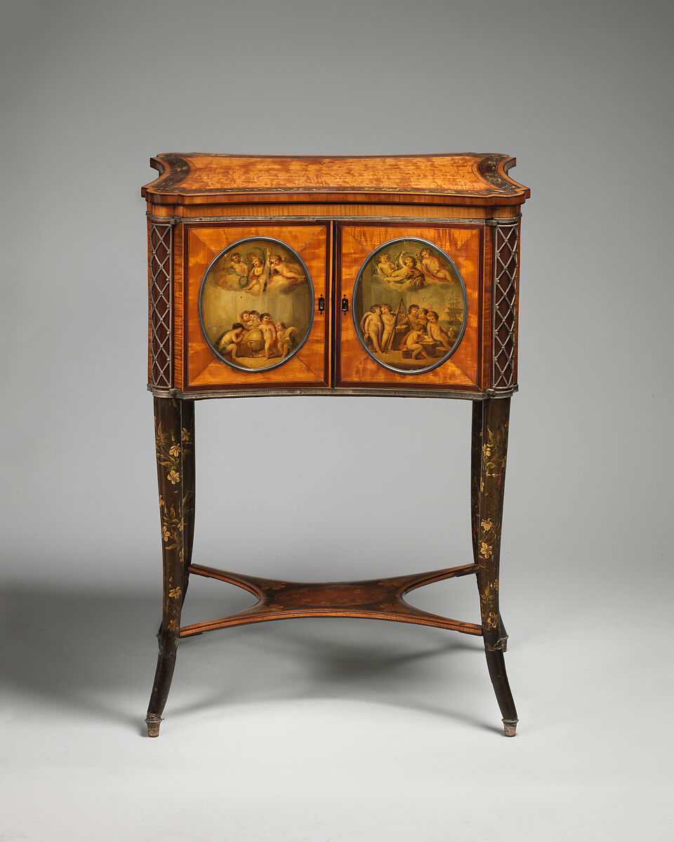 Dressing table, Satinwood, mahogany, rosewood veneer, painted decoration, silver and silver plate mounts, British