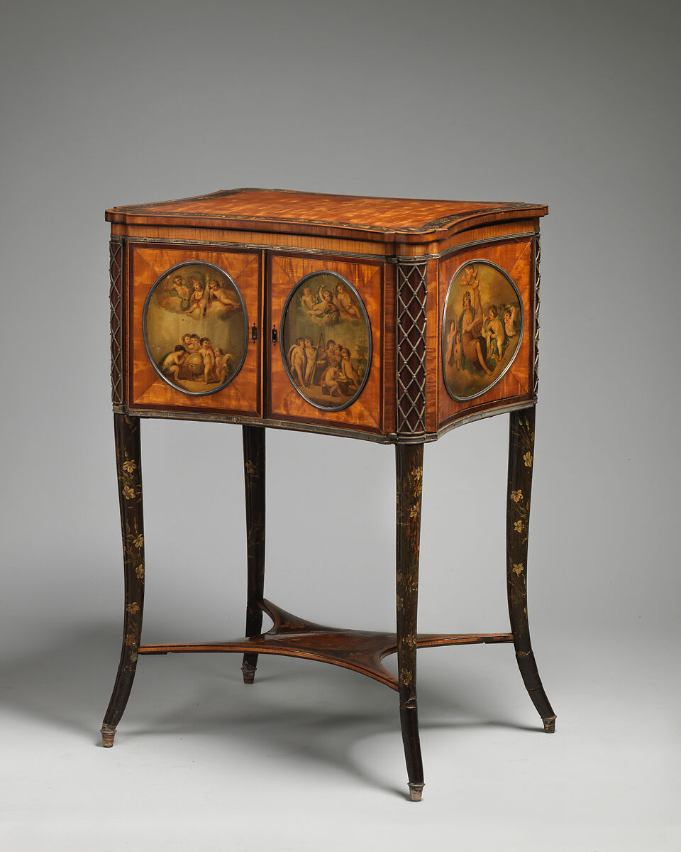 Dressing table, Satinwood, mahogany, rosewood veneer, painted decoration, silver and silver plate mounts, British 