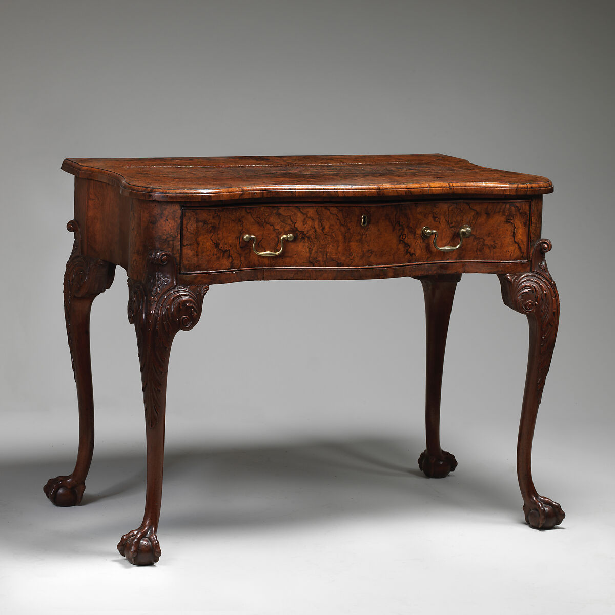 Side table, Walnut, burr walnut veneer, oak, brass handles, British 