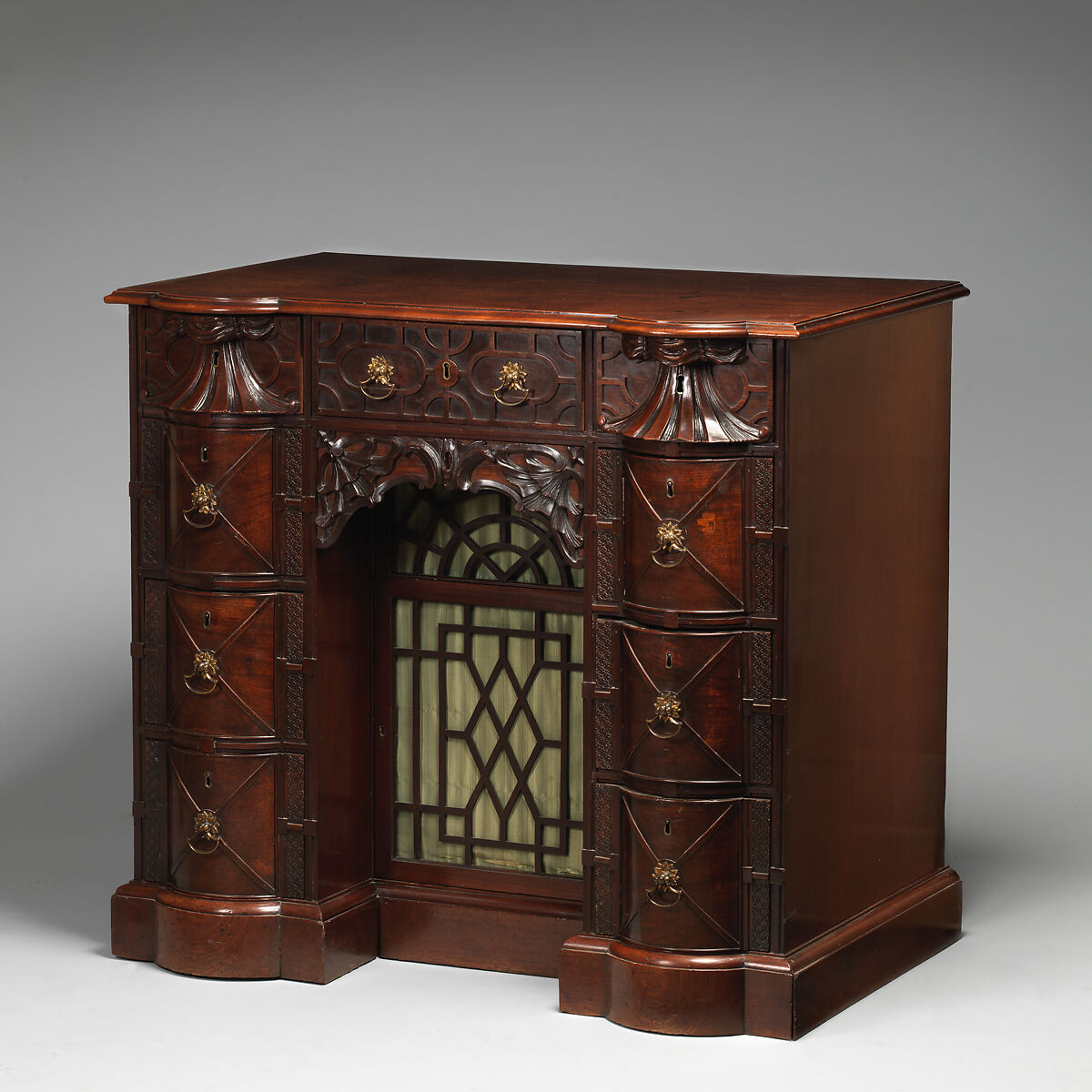 Kneehole writing table, Mahogany, mahogany veneer, gilt bronze, British