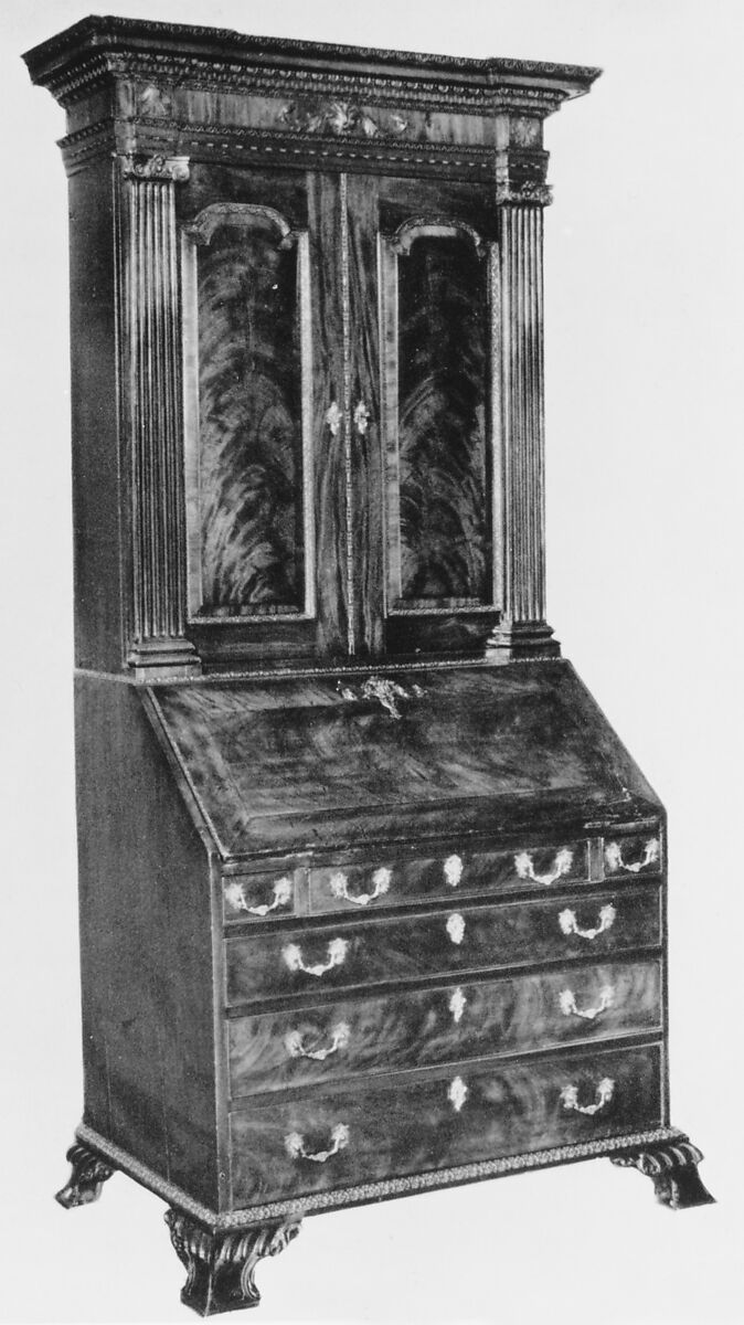 Bureau bookcase, Carved mahogany and mahogany veneer, British 