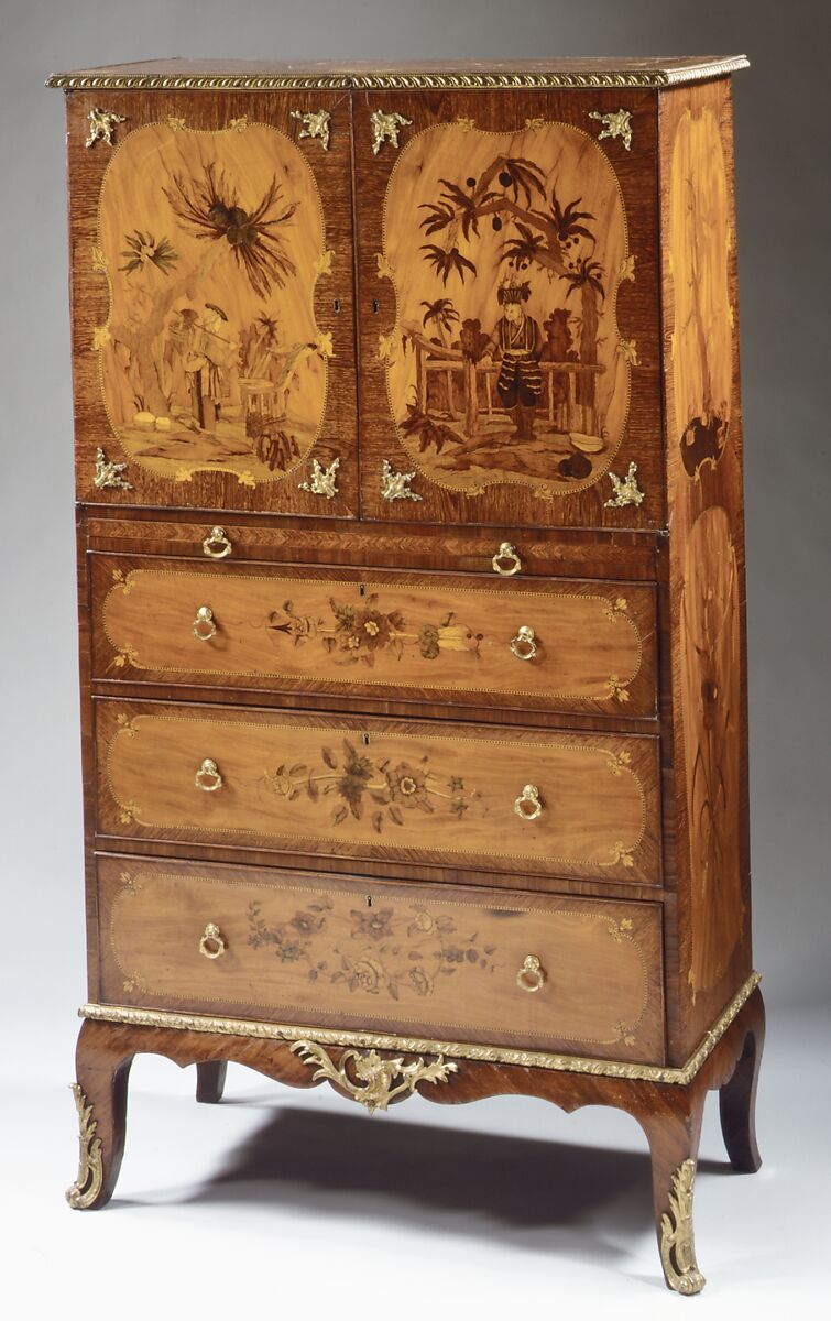 Writing cabinet, Pine and oak carcase, mahogany and satinwood veneer, marquetry of satinwood and tinted wood., British 