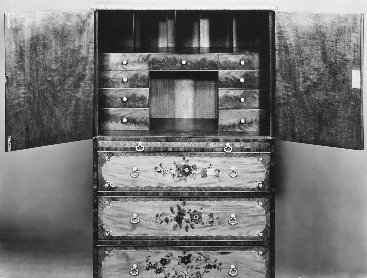 Writing cabinet, Pine and oak carcase, mahogany and satinwood veneer, marquetry of satinwood and tinted wood., British