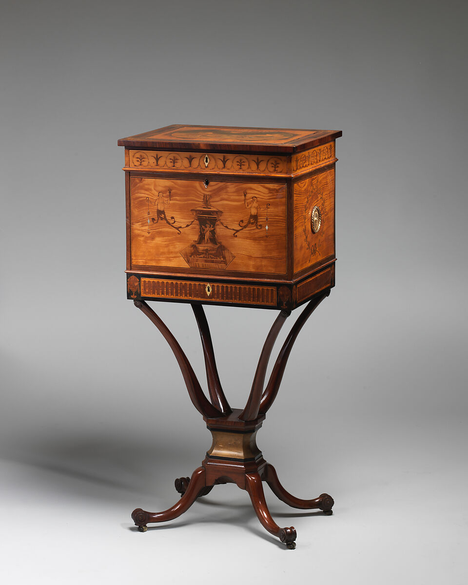 Writing cabinet on a stand, Mahogany, satinwood, ebony, various other woods, British 