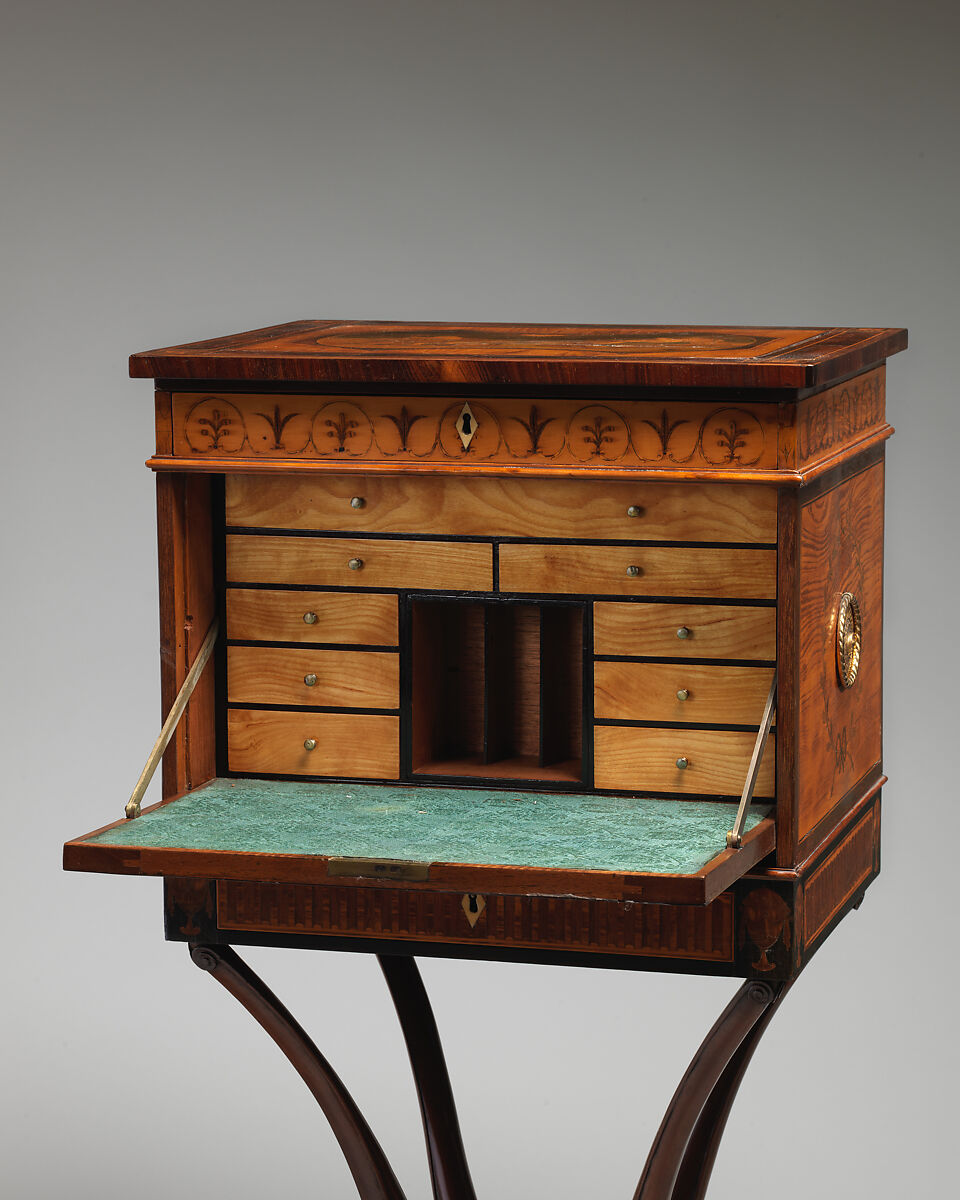 Writing cabinet on a stand, Mahogany, satinwood, ebony, various other woods, British