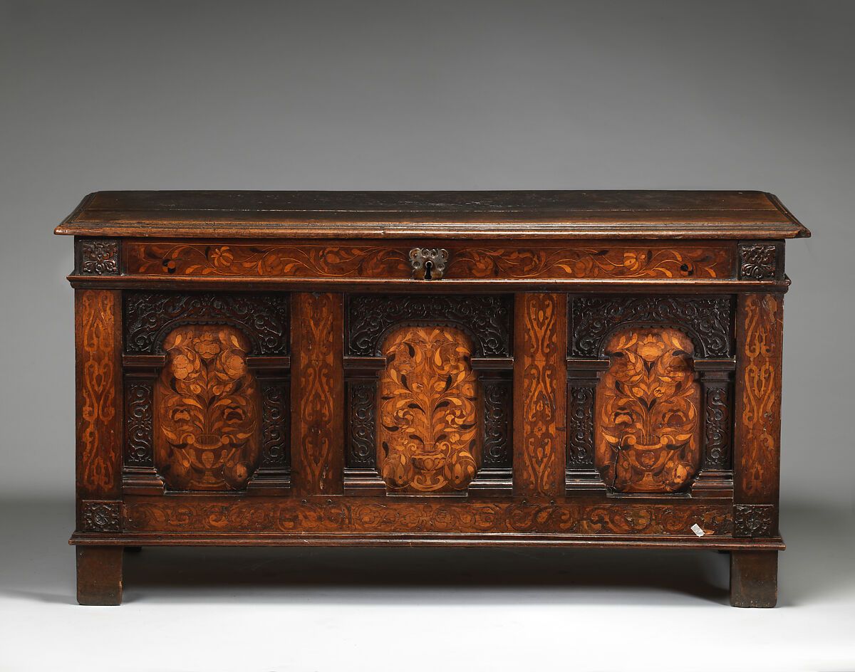 Chest, Oak, inlaid with various woods, British