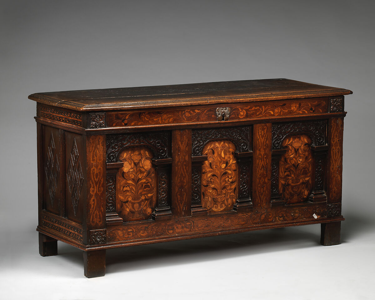 Chest, Oak, inlaid with various woods, British 