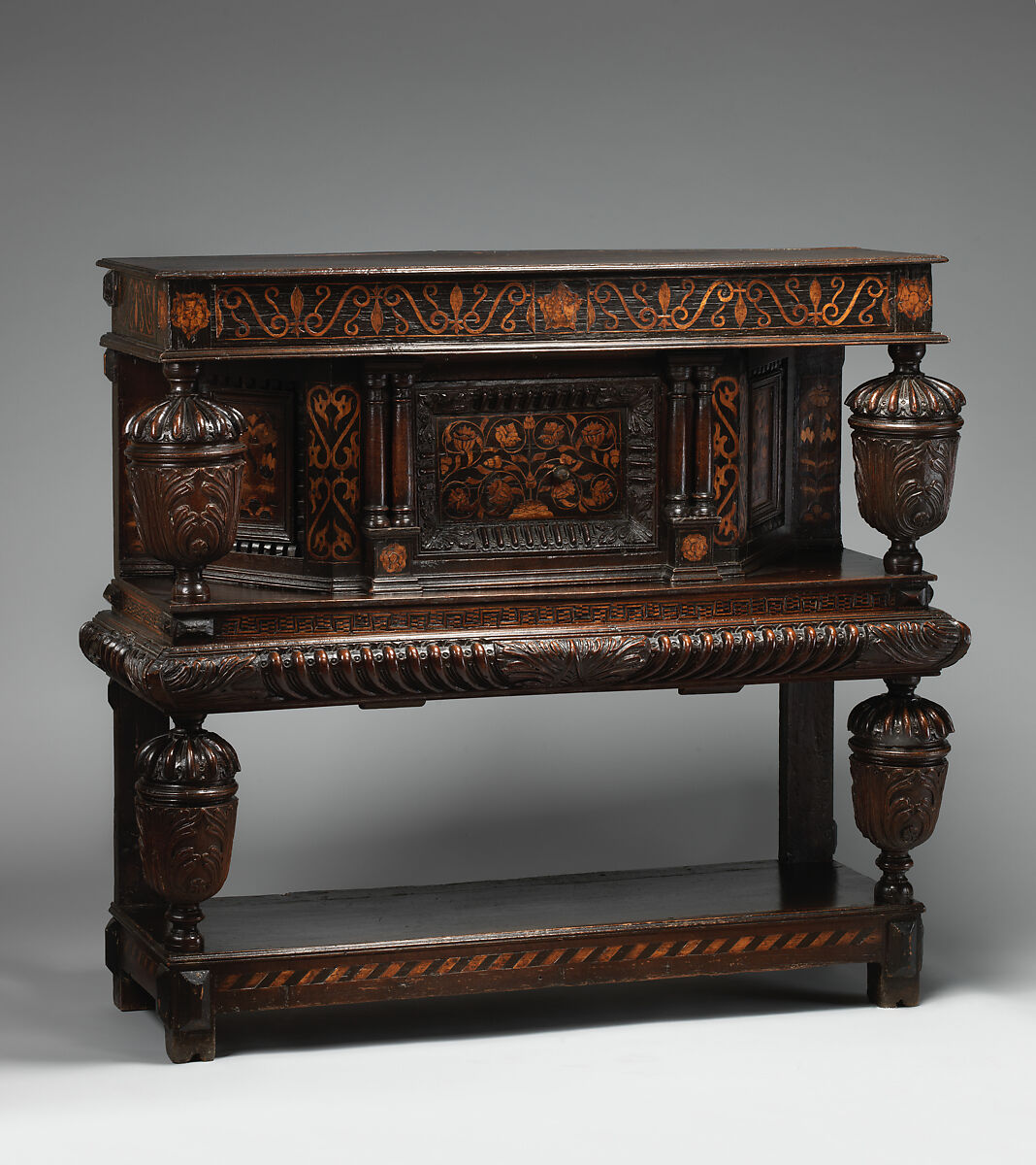 Livery cupboard, Oak and walnut, inlaid with sycamore and holly, British 