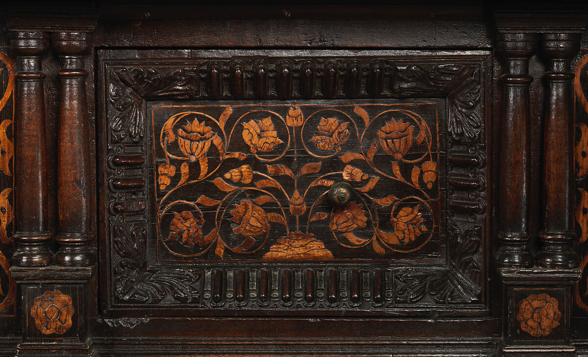 Livery cupboard, Oak and walnut, inlaid with sycamore and holly, British