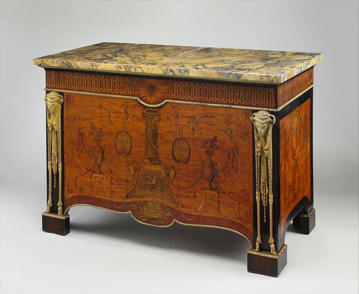 Commode, Attributed to John Mayhew (British, 1736–1811), Pine carcase, veneered with satinwood, kingwood, holly, rosewood and other woods; gilt-bronze mounts; Siena marble slab, British
