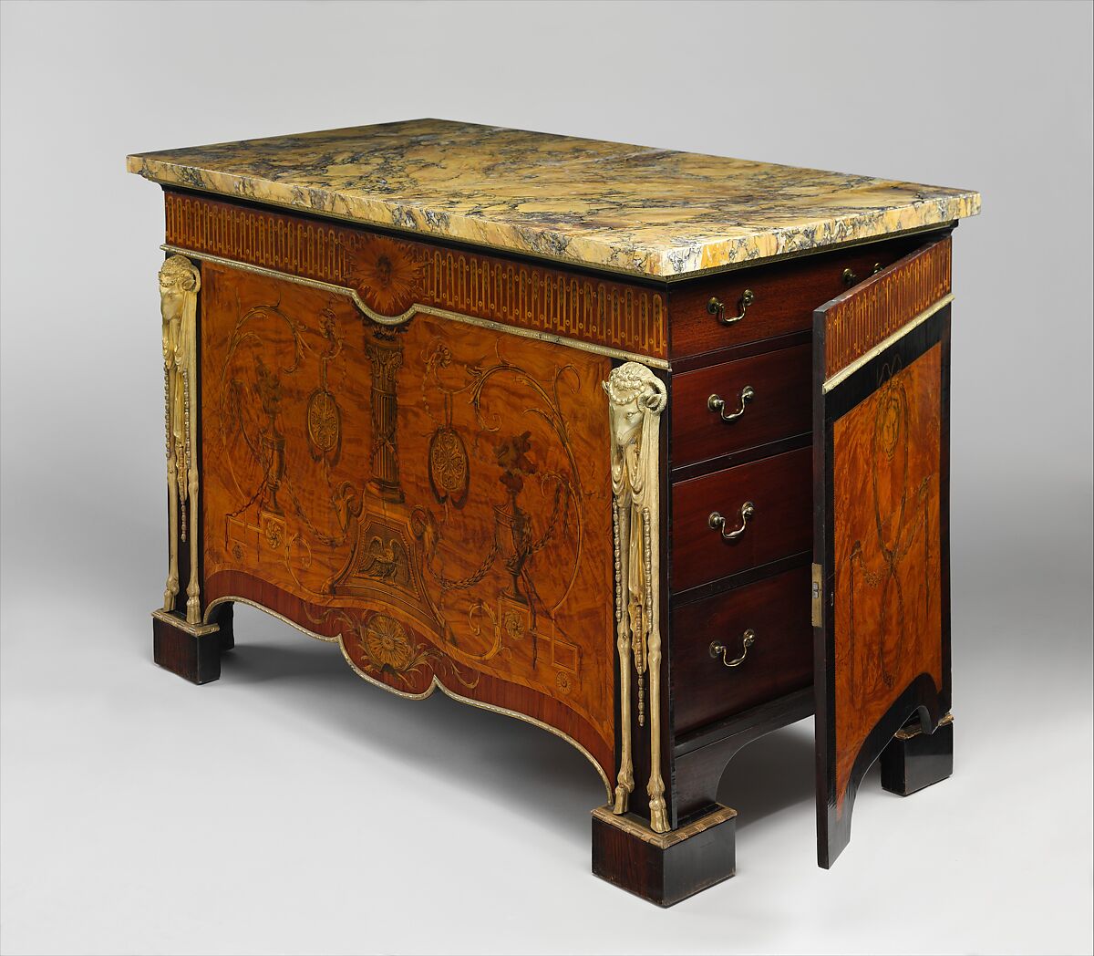 Commode, Attributed to John Mayhew (British, 1736–1811), Pine carcase, veneered with satinwood, kingwood, holly, rosewood and other woods; gilt-bronze mounts; Siena marble slab, British 