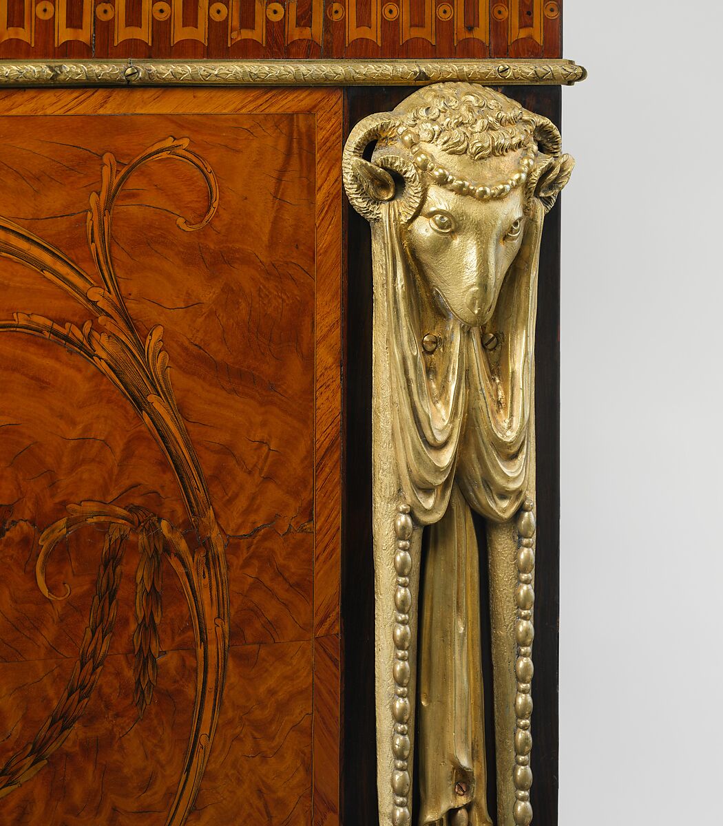 Commode, Attributed to John Mayhew (British, 1736–1811), Pine carcase, veneered with satinwood, kingwood, holly, rosewood and other woods; gilt-bronze mounts; Siena marble slab, British