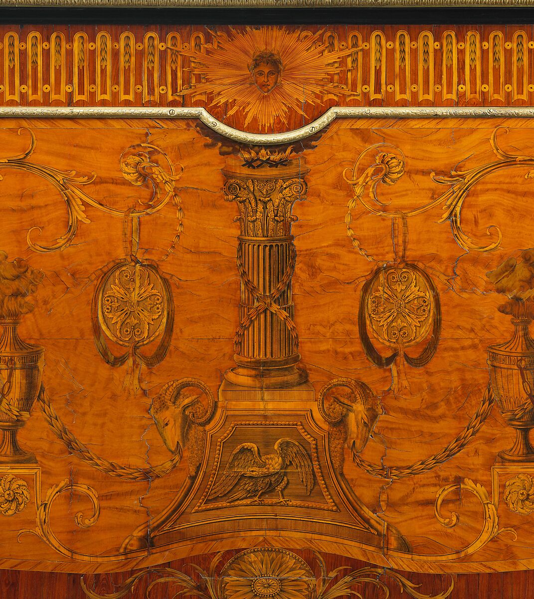 Commode, Attributed to John Mayhew (British, 1736–1811), Pine carcase, veneered with satinwood, kingwood, holly, rosewood and other woods; gilt-bronze mounts; Siena marble slab, British