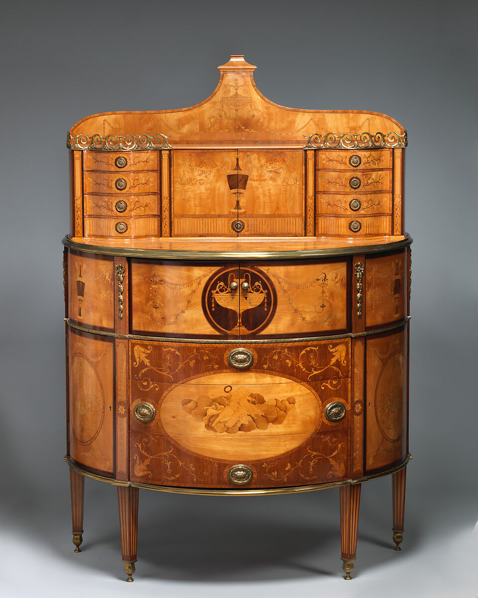 Secretary, Pine carcase, veneered with satinwood, sycamore and rosewood; mahogany drawer linings; gilt-bronze mounts, British or Irish 