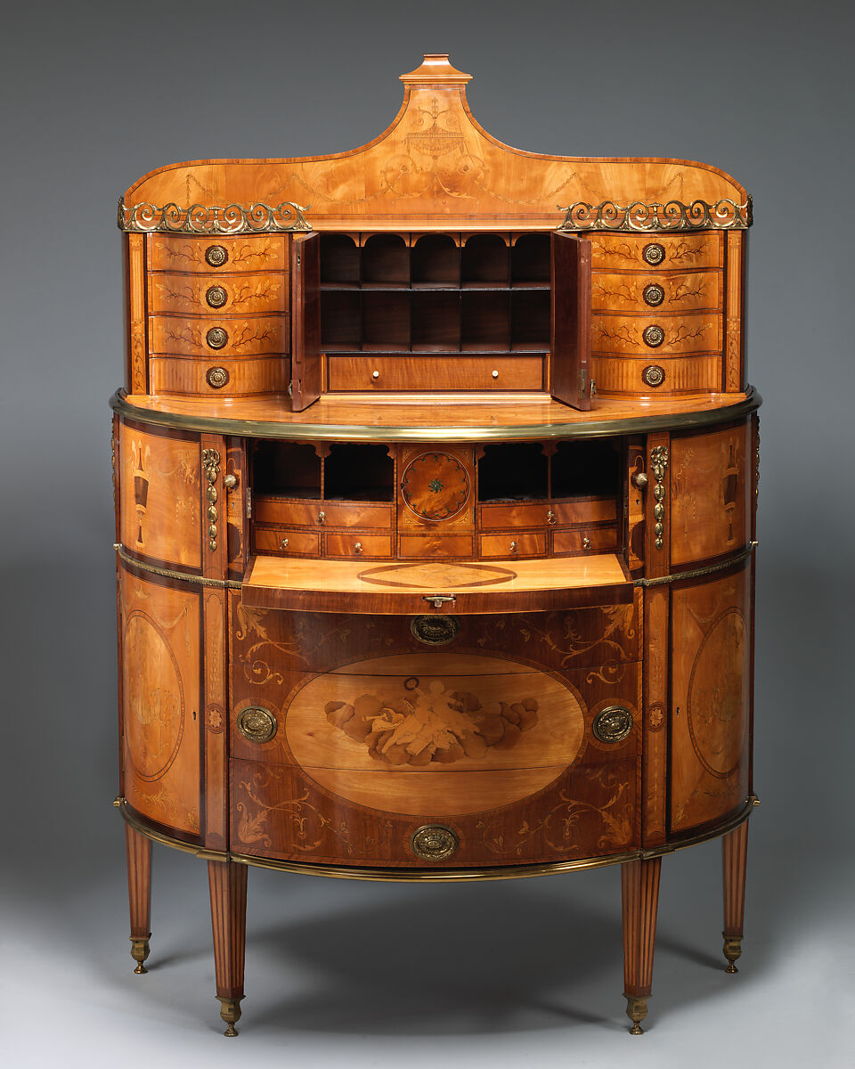 Secretary, Pine carcase, veneered with satinwood, sycamore and rosewood; mahogany drawer linings; gilt-bronze mounts, British or Irish