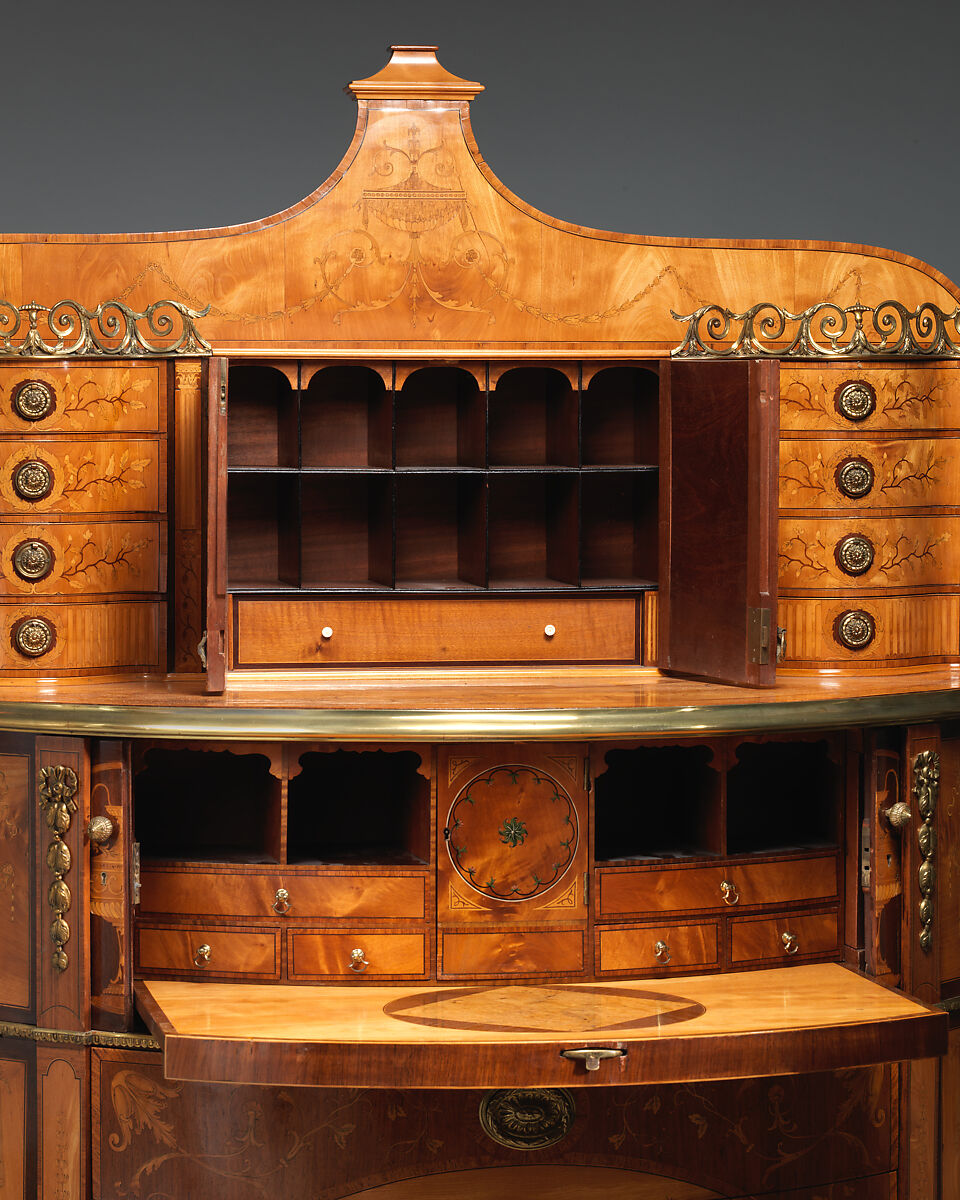 Secretary, Pine carcase, veneered with satinwood, sycamore and rosewood; mahogany drawer linings; gilt-bronze mounts, British or Irish