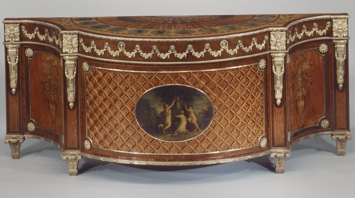 Commode, Carcass of pine and mahogany, veneered with satinwood, harewood, tulip and other woods, mother-of-pearl, gilt bronze, British 