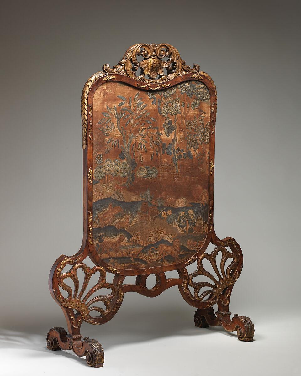 Cheval fire screen, Walnut frame, parcel gilt and needlework, British