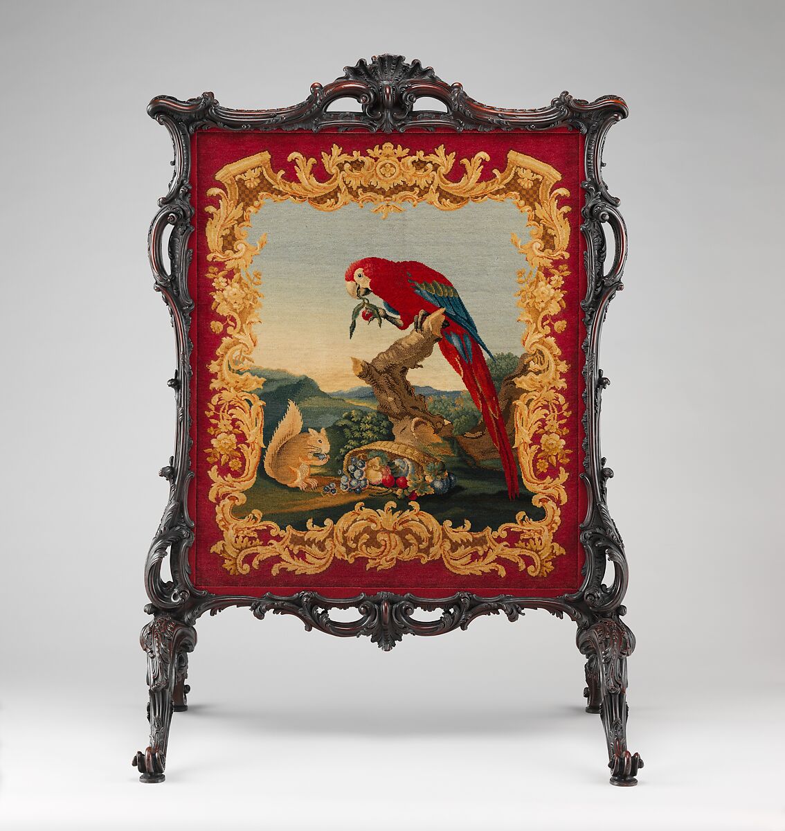 Cheval fire screen, Panel attributed to Thomas Moore (British, ca. 1700–1788), Mahogany, wool knotted-pile panel (not original to the screen), British 