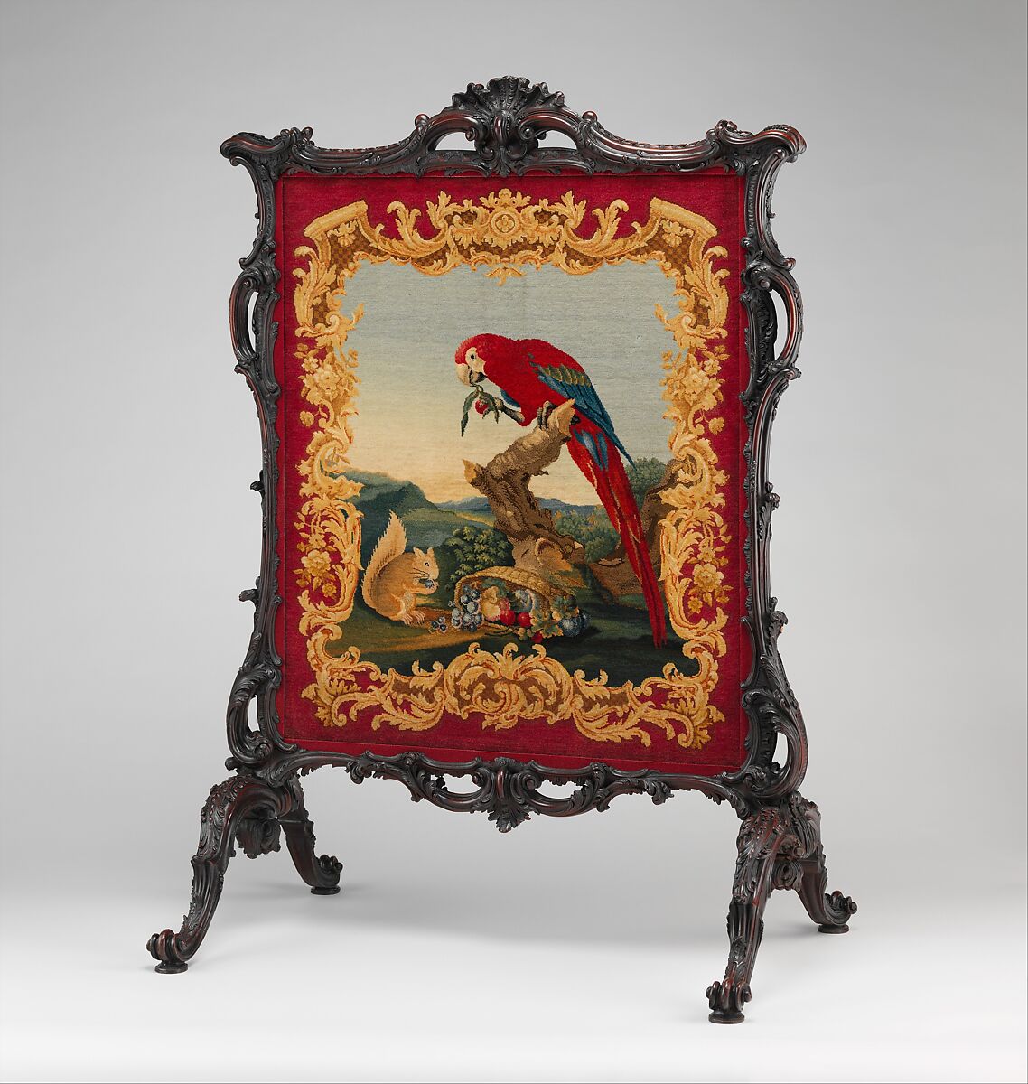 Cheval fire screen, Panel attributed to Thomas Moore (British, ca. 1700–1788), Mahogany, wool knotted-pile panel (not original to the screen), British