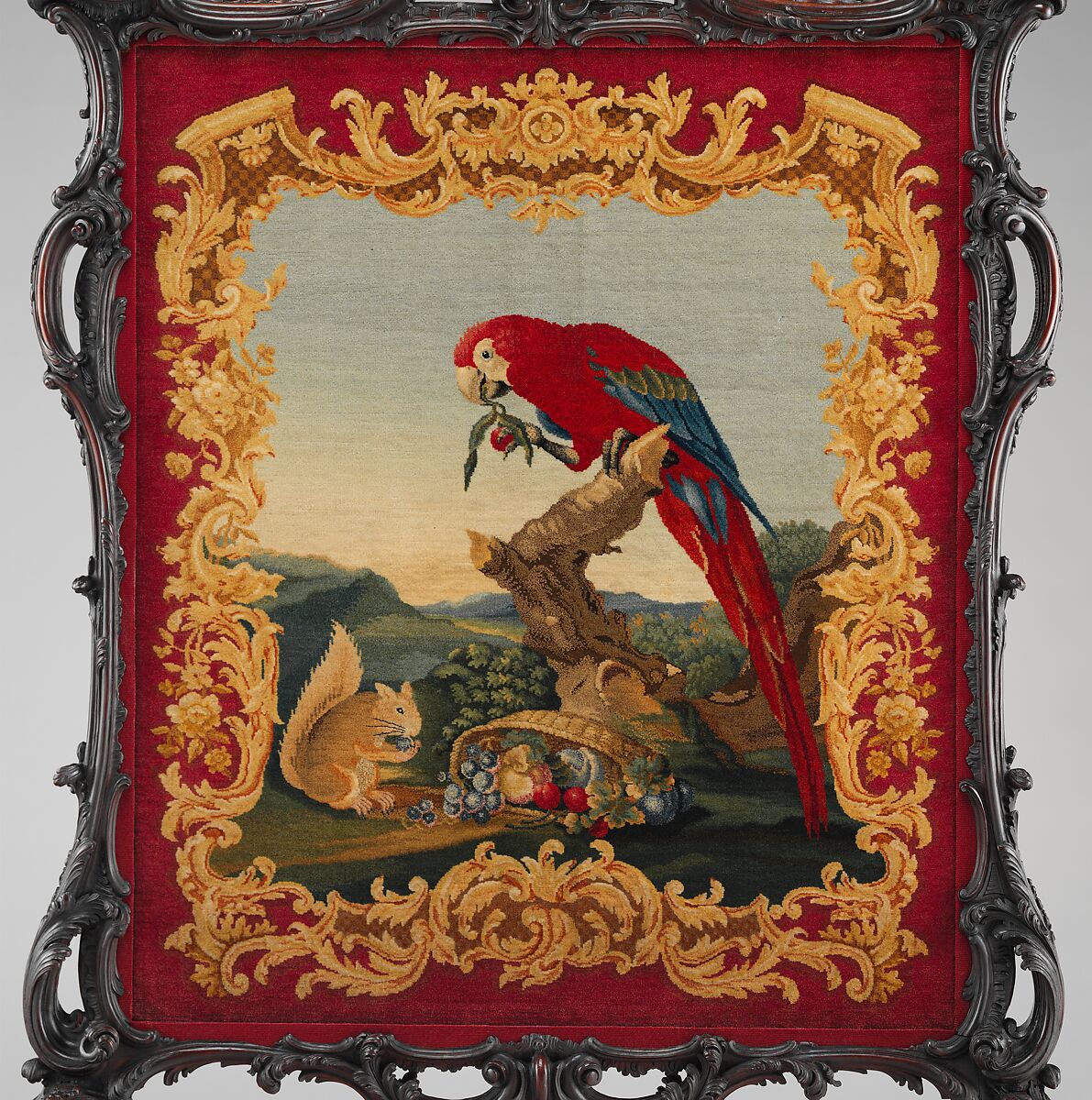 Cheval fire screen, Panel attributed to Thomas Moore (British, ca. 1700–1788), Mahogany, wool knotted-pile panel (not original to the screen), British