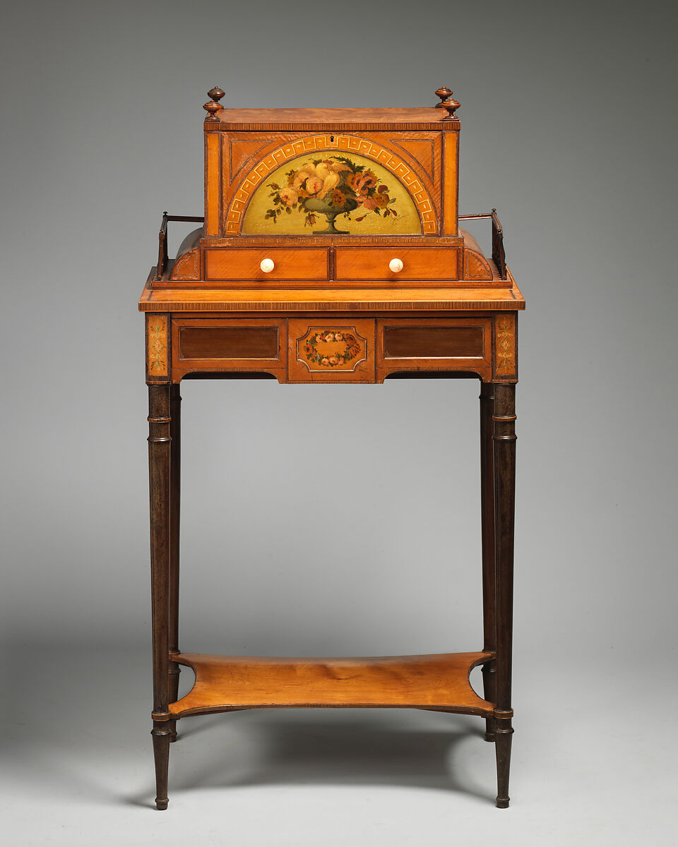 Writing cabinet, Satinwood-veneer, inlaid with other woods, painted decoration, British