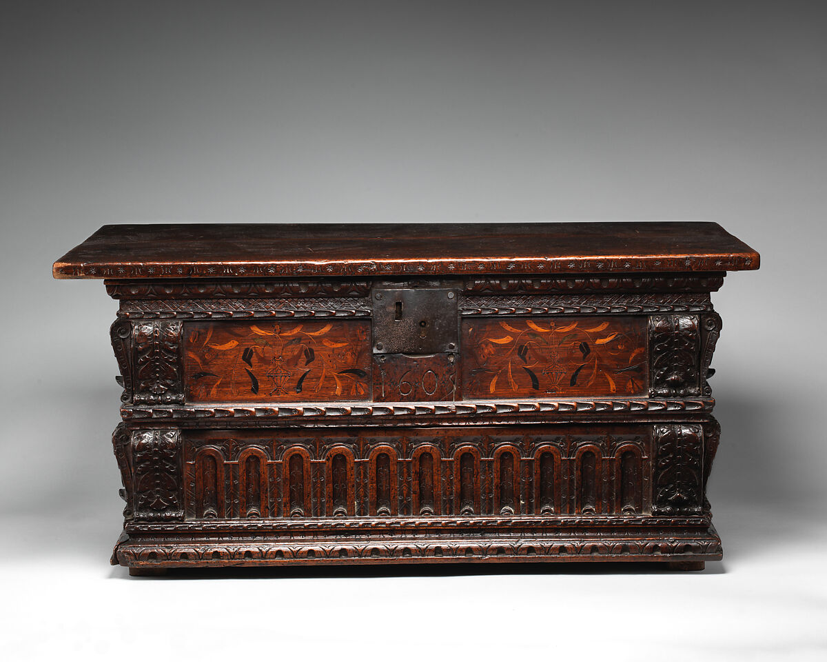 Document box, Walnut and other woods, iron, block printed paper, British