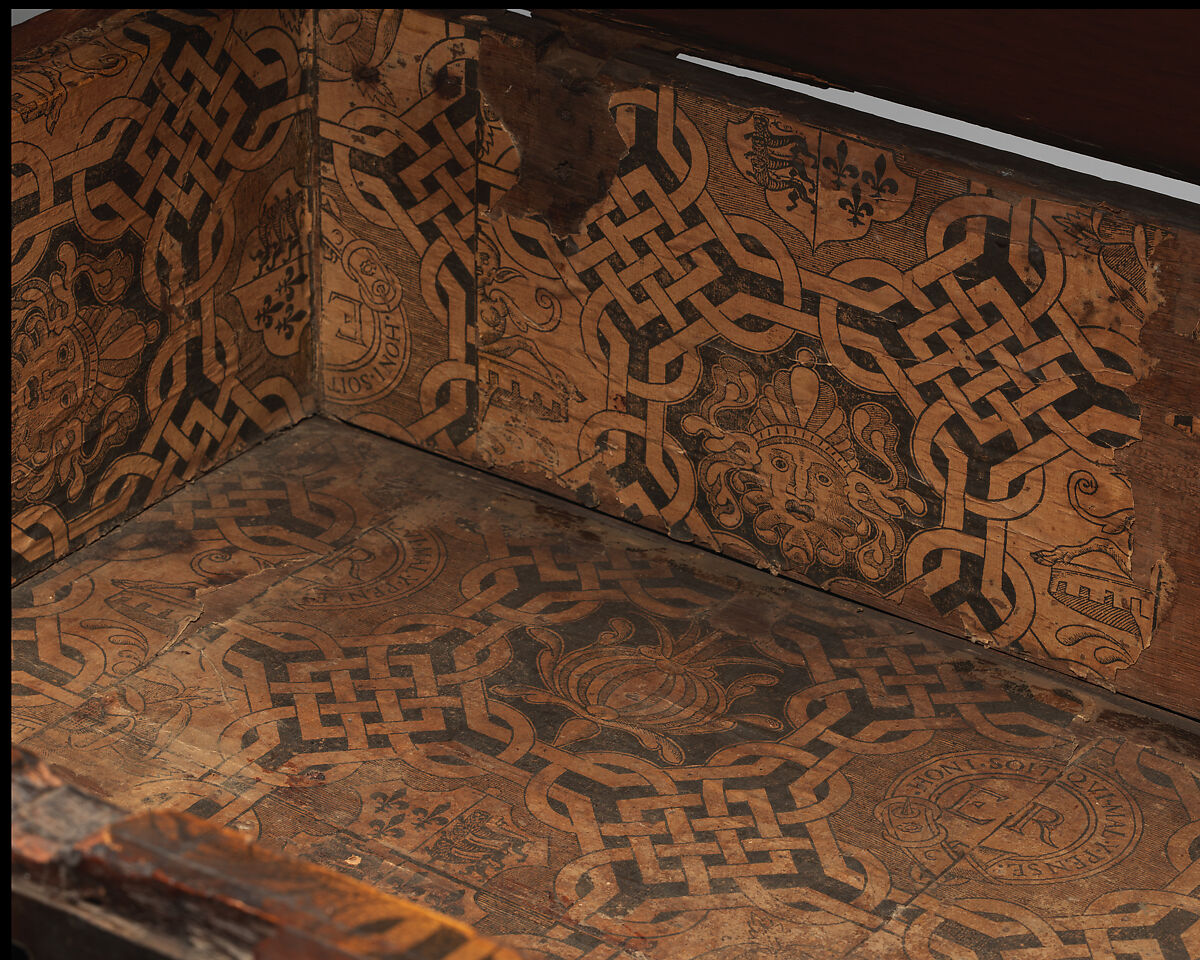 Document box, Walnut and other woods, iron, block printed paper, British