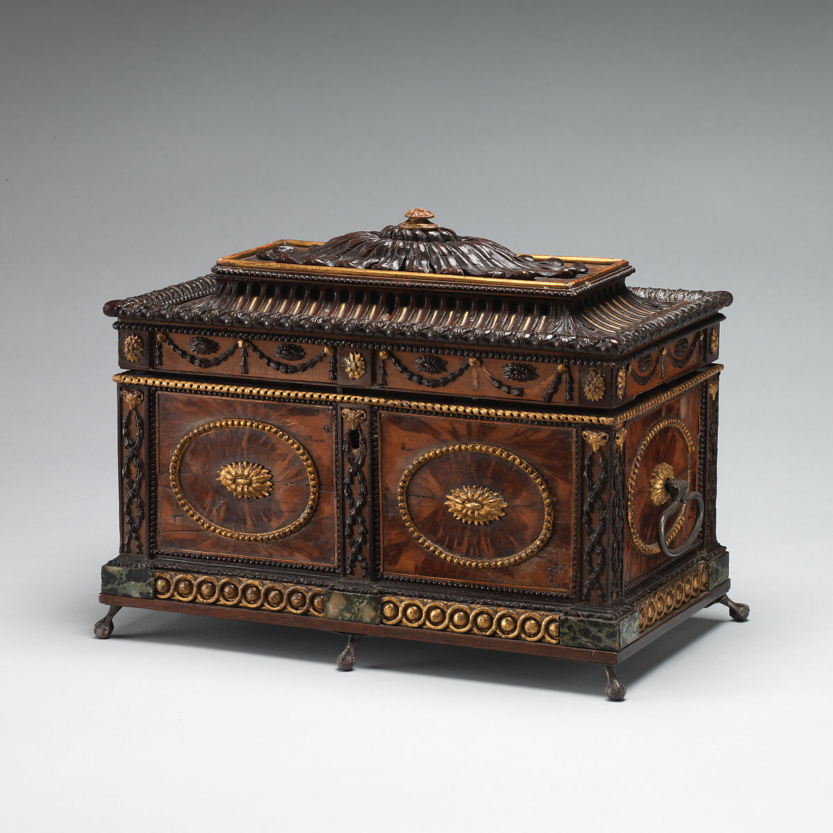 Tea chest, Mahogany and satinwood veneer, parcel gilt and inset with marble, British 