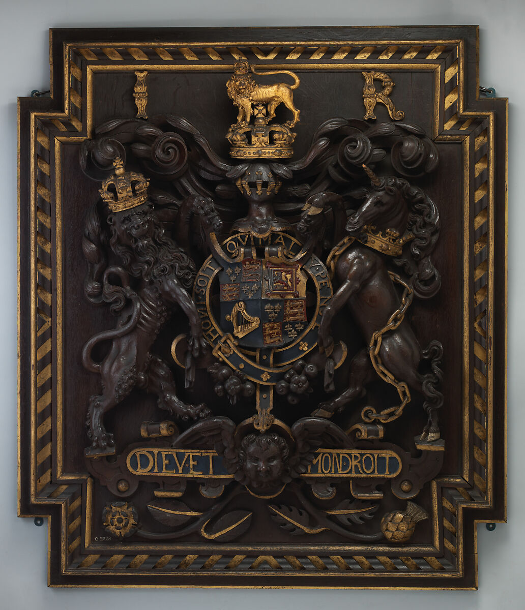 Armorial panel, Painted and gilded oak, British 
