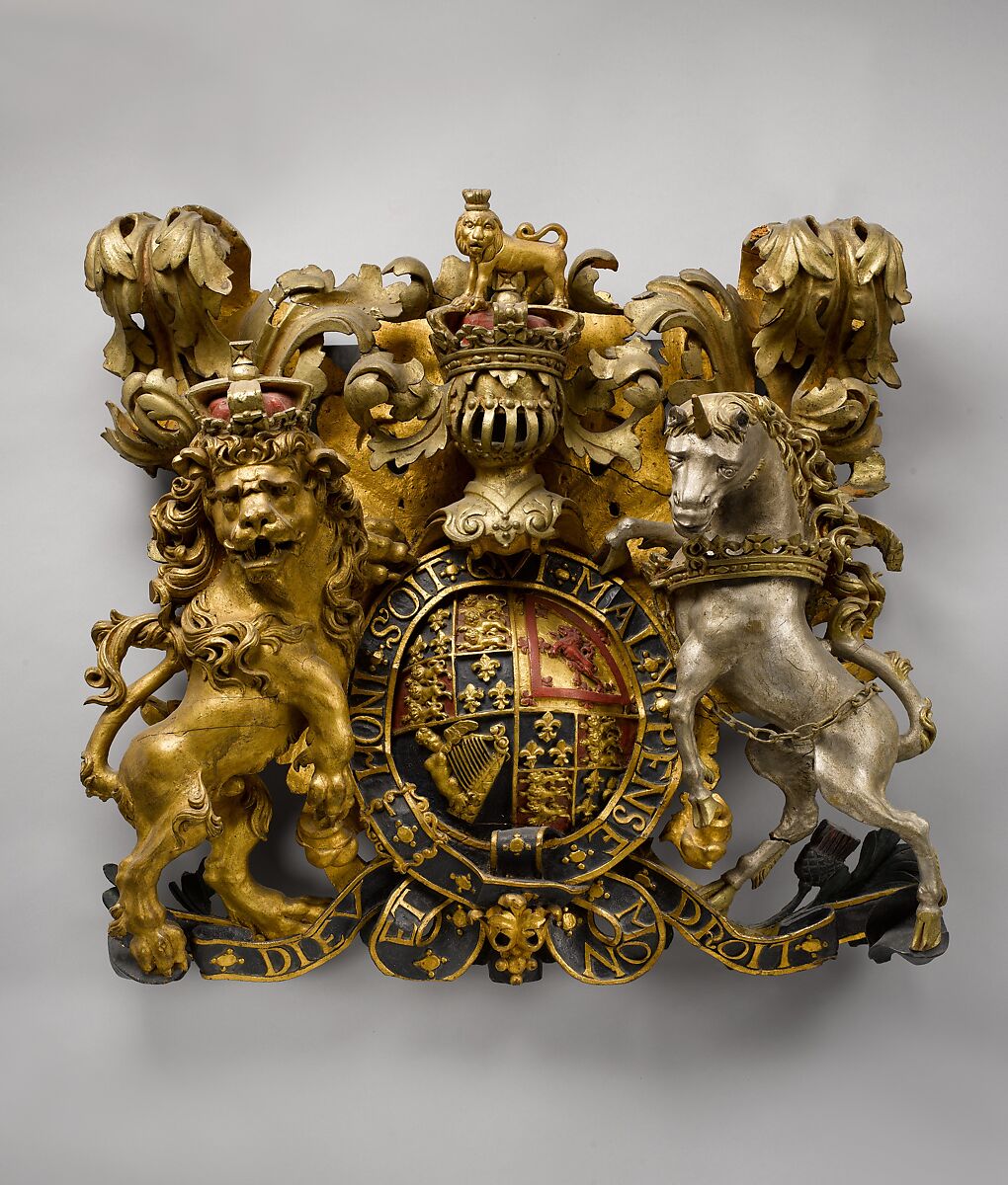 Armorial panel with Stuart coat of arms, Limewood, parcel-silver and gilt, British
