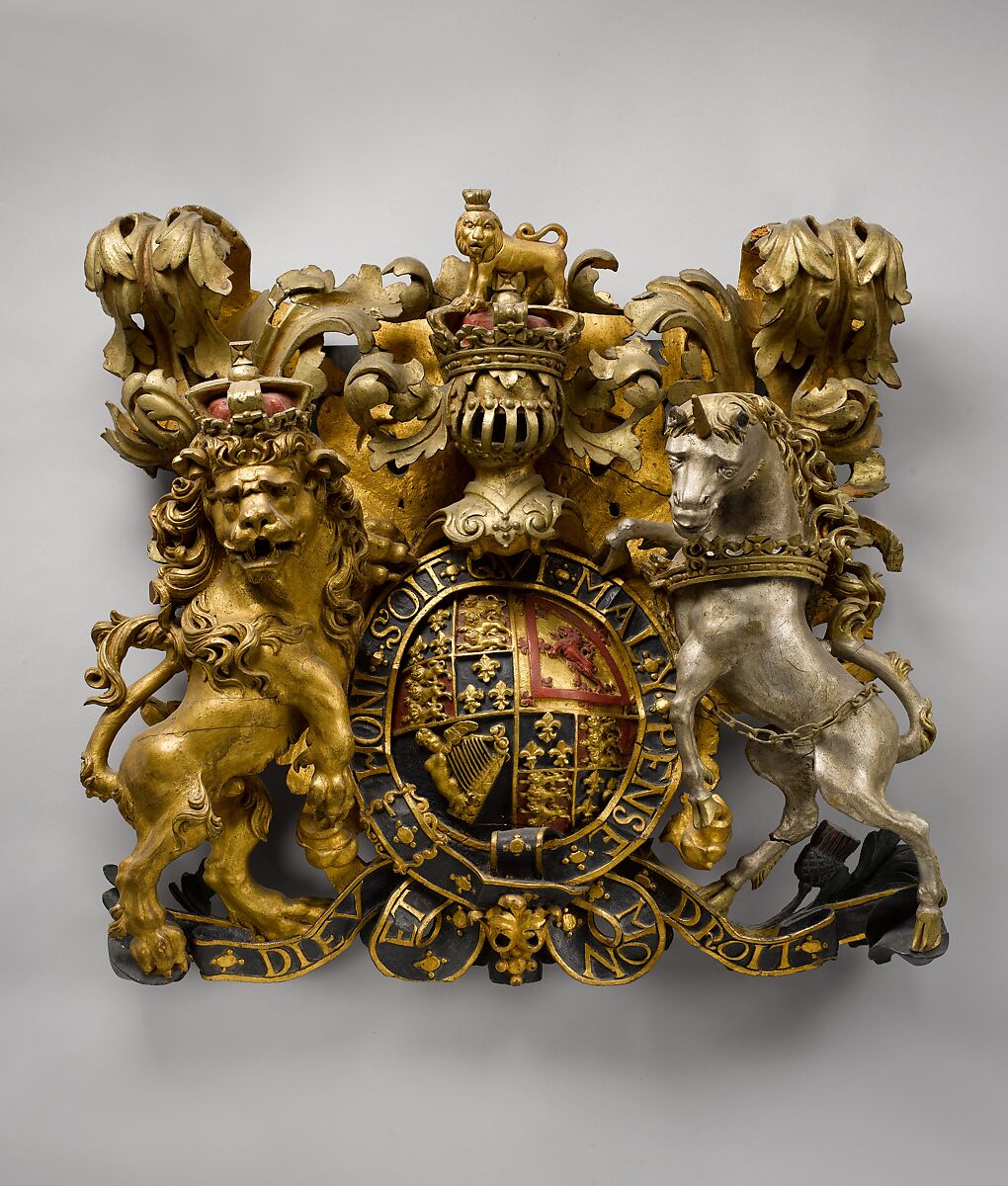 Armorial panel with Stuart coat of arms, Limewood, parcel-silver and gilt, British 