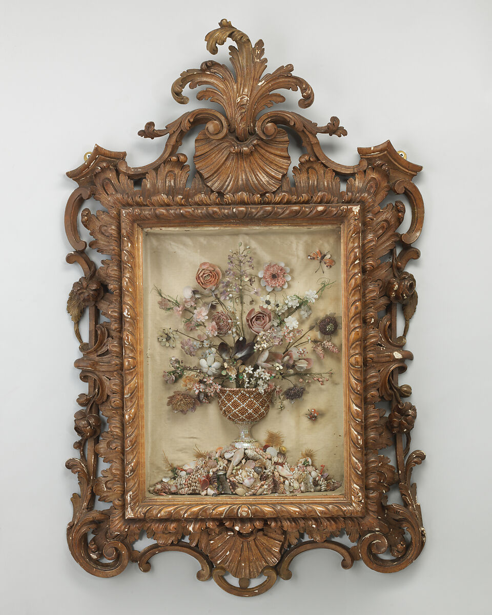 Pair of framed shellworks, Carved and stained wood, shells, British